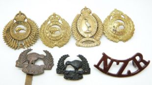 Seven New Zealand Army metal badges for the 4th New Zealand Regiment and 1st Canterbury Rifles etc