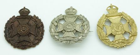Three British Army 8th City of London Post Office Rifles officer's service dress cap badge, together