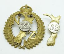 Two New Zealand Army WWI 32nd Reinforcements metal badges