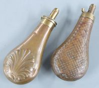 Two James Dixon & Sons copper and brass powder flasks both with embossed decoration, largest 20cm