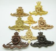 Eight British Army Honourable Artillery Company metal badges including an officer's service dress