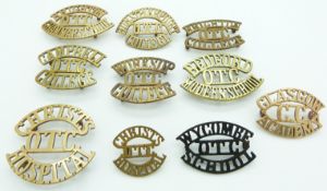 Ten schools/college Worksop, Bedford Modern, Campbell, Christ's Hospital etc metal shoulder titles
