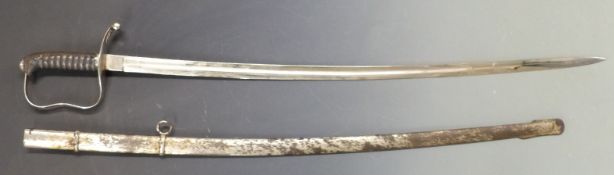 Early 20thC sword with curved 80.5cm blade, wire bound shagreen grip and plated metal scabbard