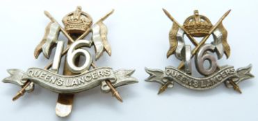 British Army 16th Queen's Lancers metal cap and collar badge