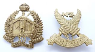 Two New Zealand Army WWI 30th/31st Reinforcements metal hat badges