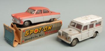 Two Tri-ang Spot-On diecast model vehicles Ford Zodiac with two-tone salmon and grey body and red