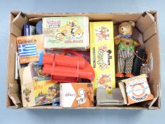 A collection of vintage toys including Tri-ang Minic Road Roller, Pelham Puppet Pinky, Glevum Series