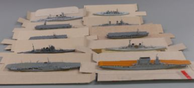 Ten Nevis-Neptun diecast model waterline ships including aircraft carriers and military vessels,