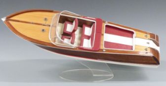 Scratch built model Riva Aquarama speedboat of planked construction, on Perspex display stand,