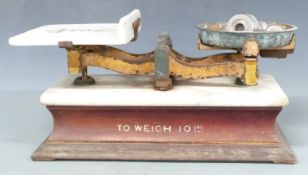 Set of shop scales with ceramic pan and marble panel, length 50cm, together with a run of bell
