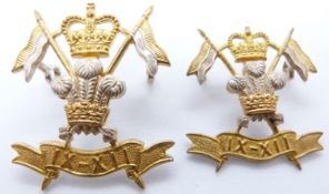 British Army 9th/12th Lancers officer's gilt cap and collar badge, two by Gaunt