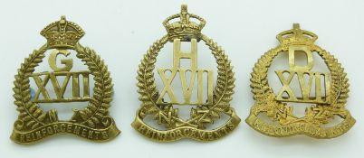 Three New Zealand Army WWI 17th Reinforcements D, G and H Company metal hat badges