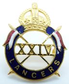 British Army 24th Lancers officer's gilt and enamel cap badge