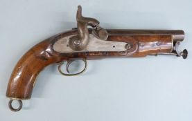 Percussion hammer action sea service or coastguard style pistol with captive ramrod, brass trigger