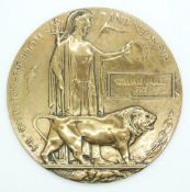 WWI bronze memorial plaque named to William James Fry
