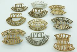 Ten schools/college Wellington, Bristol, Kelly, Dorchester etc metal shoulder titles
