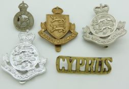 Five Cyprus Regiment / Police, metal badges including an anodised example, one by Timings