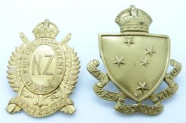 Two New Zealand Army WWI 28th/29th Reinforcements metal hat badges