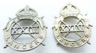 Two British Army 24th Lancers white metal cap badges