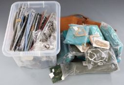 A collection of decoy parts and accessories together with various decoy or game bags and a brown