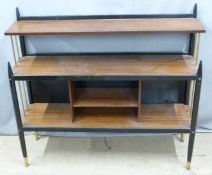 Retro ebonised side table or shelf unit with gilt metal rod supports, W105 x D32 x H96cm