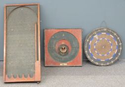 Three vintage bar/ pub games comprising a darts board, bagatelle game and Burdock's Patent Table
