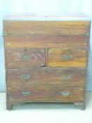 19thC brass bound campaign secretaire chest with two over three graduated drawers, below brass inlay
