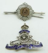 Two silver military sweetheart brooches, one for the Royal Artillery set with enamel and paste,
