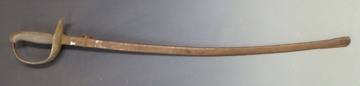 Spanish sword with curved 78cm blade marked Toledo, shagreen grip and metal scabbard