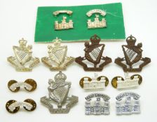 Eleven British Army North Irish Horse and Inniskilling metal and anodised collar badges in five