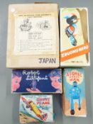 Five clockwork tinplate toys comprising Japanese robot Automatic Fruit Machine, Atomic Robot Man,