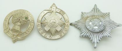 Three British Army Scots Guards, Irish Guards and Lothian and Borders piper's badges