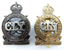 Two British Army County of London Yeomanry (Sharpshooters) metal badges including an officer's