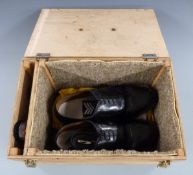 Military or similar size 12 black shoes, in wooden box with polishing equipment etc