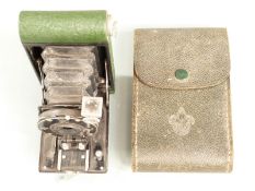 Kodak Boy Scout folding camera with green paintwork and Scout logo, in matching green case with