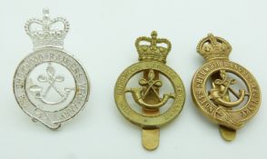 Three British Army Sherwood Rangers Yeomanry metal cap badges including an officer's example