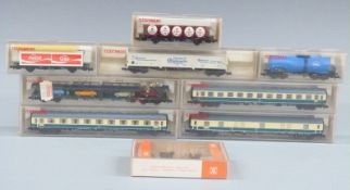 Eight Fleischmann N gauge model railway coaches and rolling stock 8190, 8191, 8192, 8483, 8389,