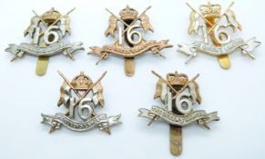 Five 16th The Queen's Own Lancers metal cap and collar badges, one by Firmin