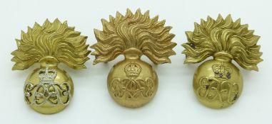 Three British Army Grenadier Guards NCO's metal forage cap badges, two with King Edward VII cipher