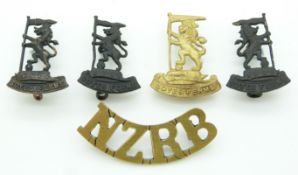 Five New Zealand Army Rifle Brigade Reinforcements metal badges including a pair of collar badges