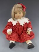 Brigitte Leman for Zapf doll Perle with closed mouth, fixed blue eyes, blonde hair and red outfit,