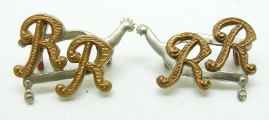 British Army City of London Yeomanry 'Rough Riders' pair of bi metal and chromed collar badges