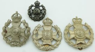 Four British Army Sherwood Rangers 7th Battalion (Robin Hood's) metal cap badges including a field