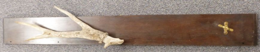 Gun or rifle rack/ holder with stag antlers mounted on mahogany panel, L139cm