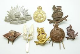 Eight Australian military badges including three Returned From Active Service examples, SAS and