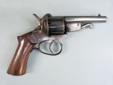 F Berger Javelle System 9mm six shot double action pinfire revolver with shaped wooden grips and 3.
