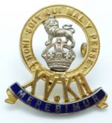 British Army 15th (The King's) Hussars officer's gilt and enamel cap badge