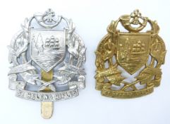 Two British Army St Helena Rifles metal cap badges