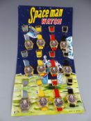 Japanese vintage Space Man watch display of 12 wristwatches.
