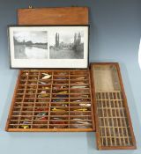 Vintage fishing lures and trout fishing flies in two cases including a hinged 'Plucky' lure, painted